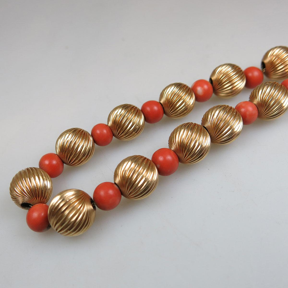 14k Yellow Gold Bead And Coral Bead Necklace