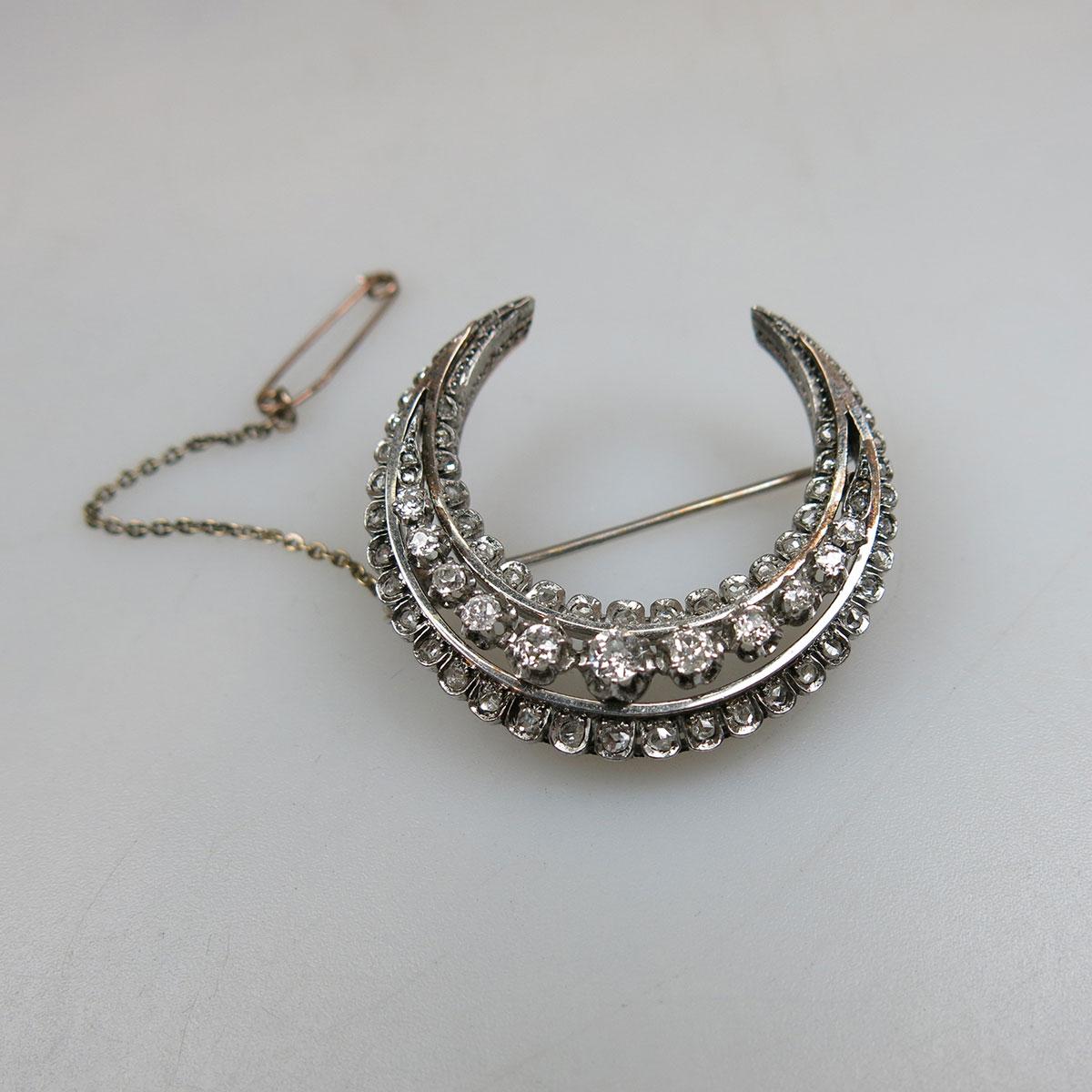 French 18k White Gold And Silver Crescent Brooch