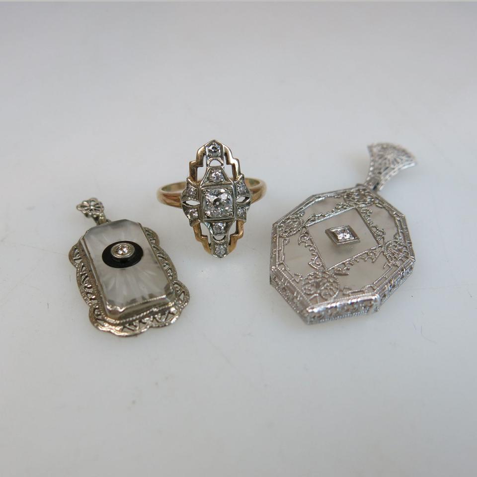 14k And A 10k White Gold Filigree Pendants, And A 14k Yellow And White Golf Filigree Ring
