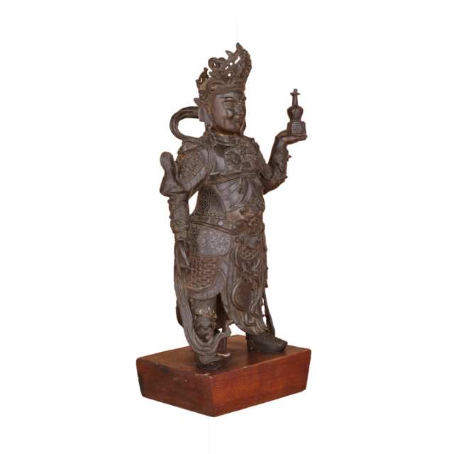 Chinese Bronze Warrior Figure of the Guardian King Dhanada, Ming Dynasty (1368-1644)