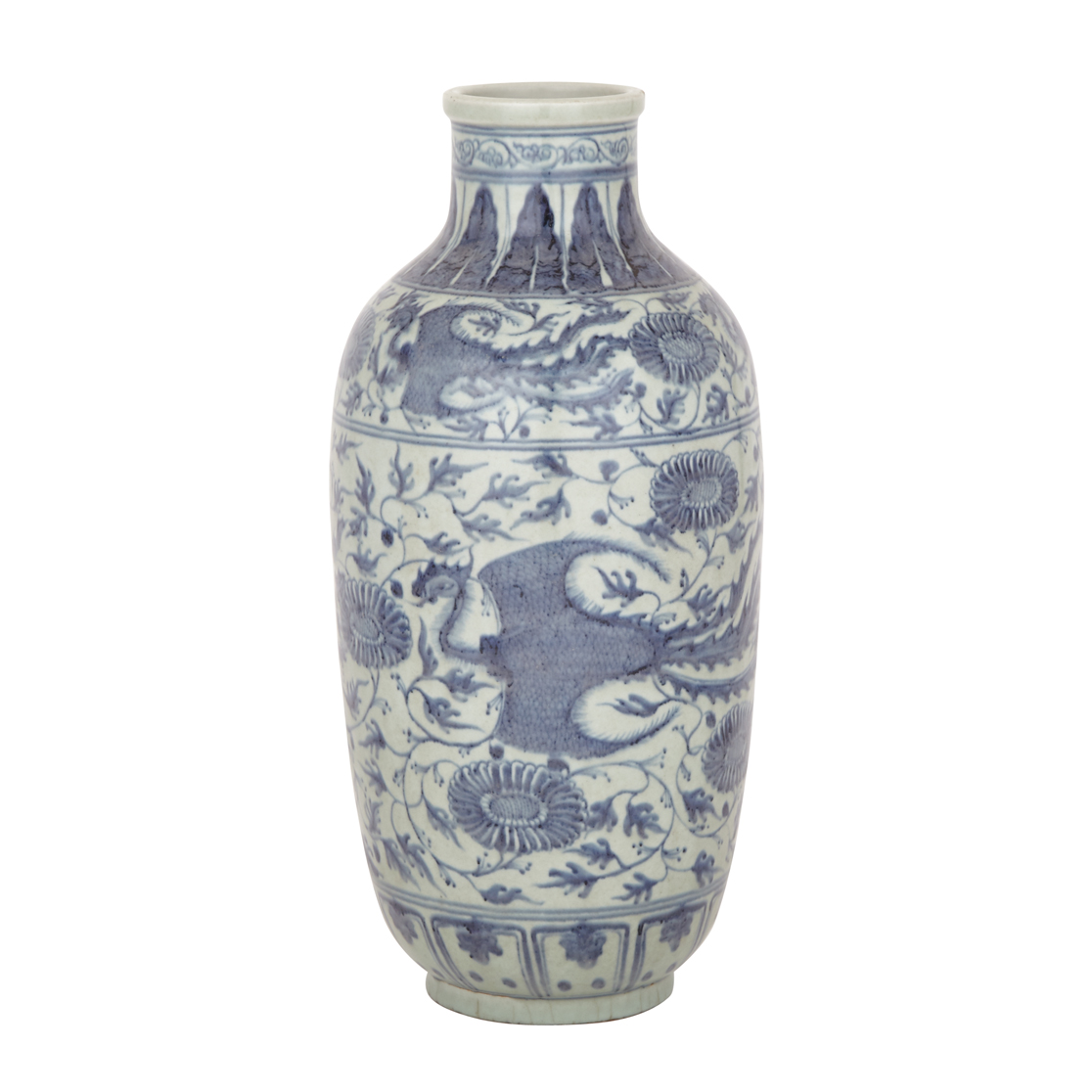 Blue and White Baluster Vase with Phoenix and Chrysanthemums