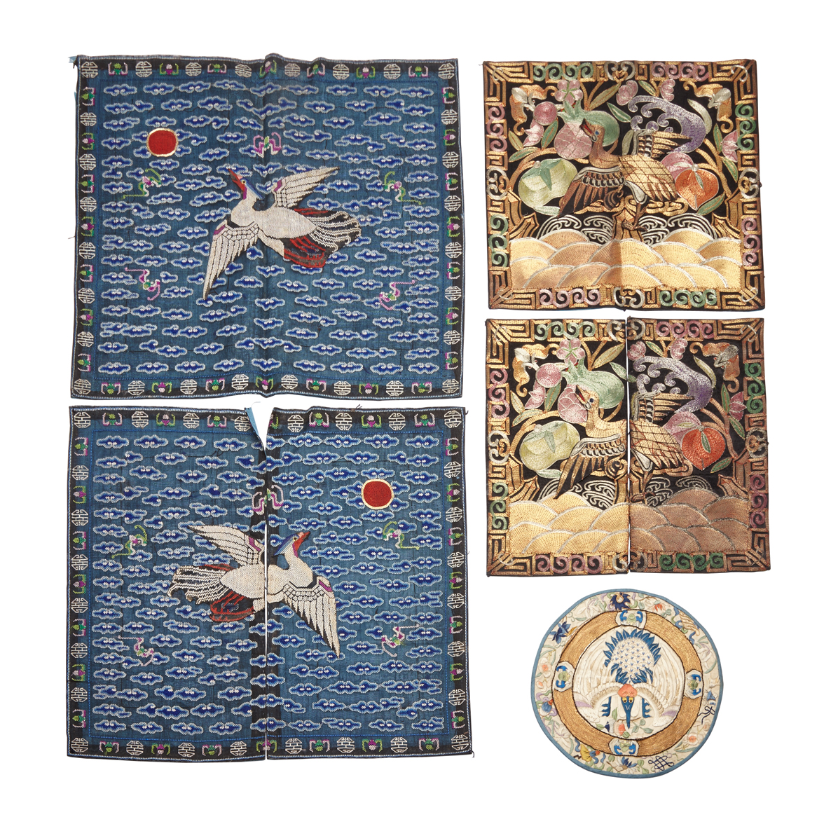 Group of Five Embroidered Scholar Rank Badges, Late 19th Century 