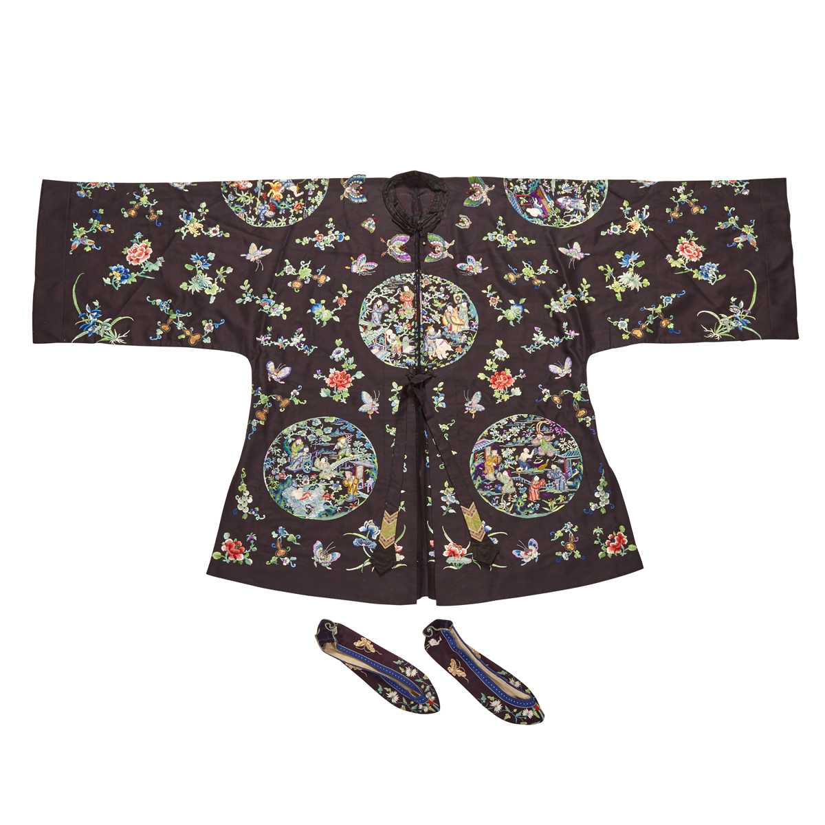Embroidered Black Silk Gown and Embroidered Slippers, Qing Dynasty