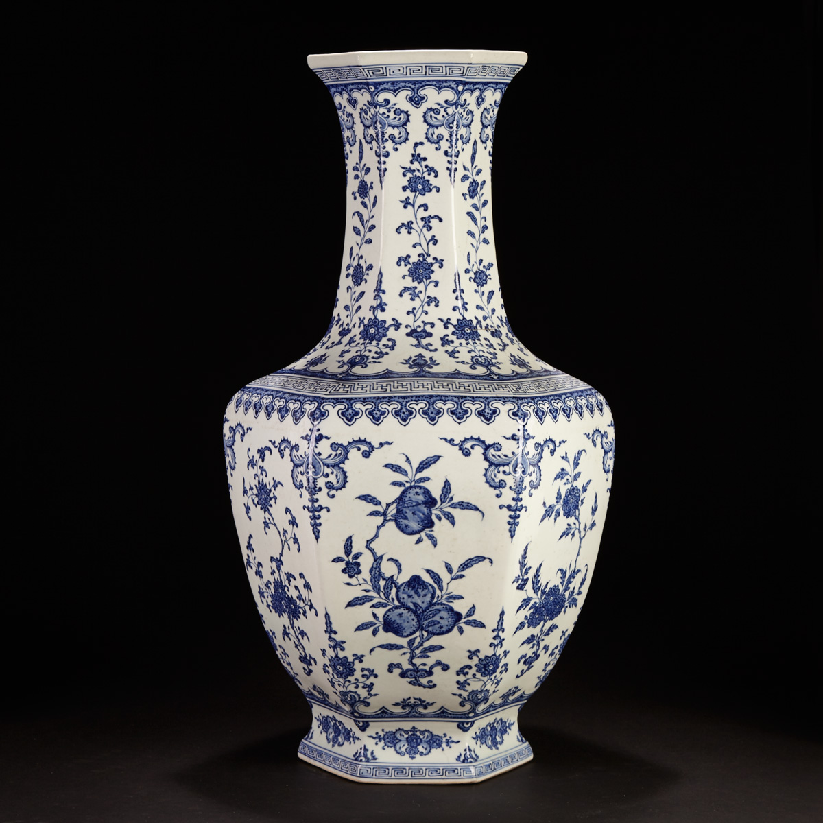A Very Fine Imperial Style Blue and White Hexagonal Vase, Qianlong Six-Character Seal Mark, Late 19th Century


