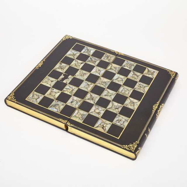 Victorian Black Lacquered, Abalone Inlaid and Parcel Gilt Games Board Box, 19th century