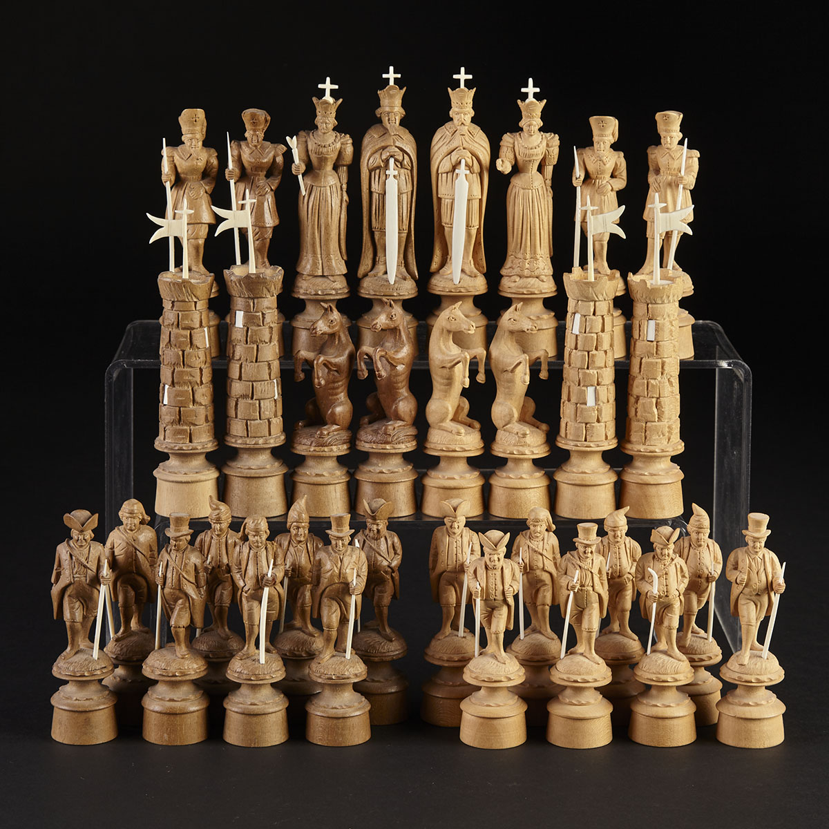 South German Carved Limewood and Bone ‘Charlemagne’ Figural Chess Set, early 20th century