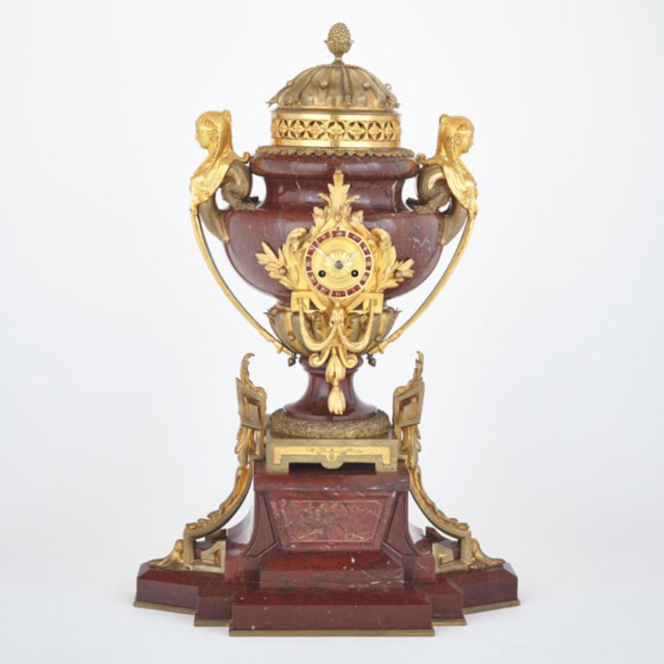 Large Napoleon III Ormolu Mounted Rouge Griotte Mantel Clock, Third Quarter, 19th century