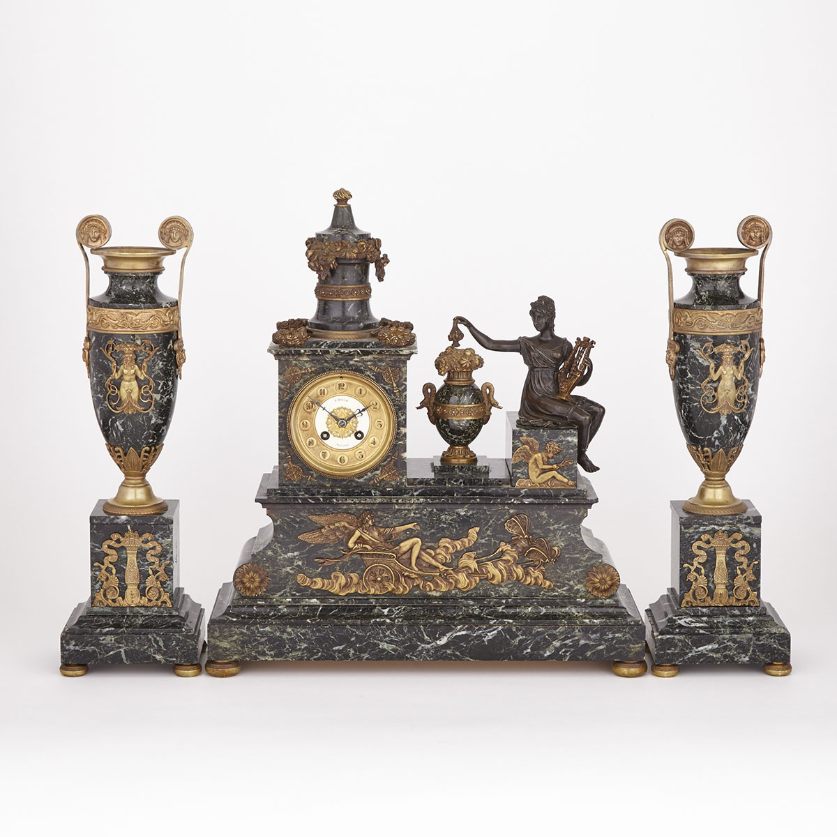 Three Piece Napoleon III Gilt and Patinated Bronze Mounted Verde Antico Marble Clock Garniture, c.1900