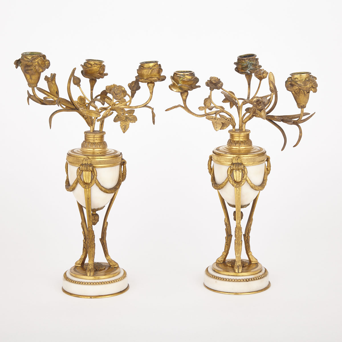 Pair of Louis XVI Style Gilt Bronze and White Marble Cassolette  Candelabra, 19th century