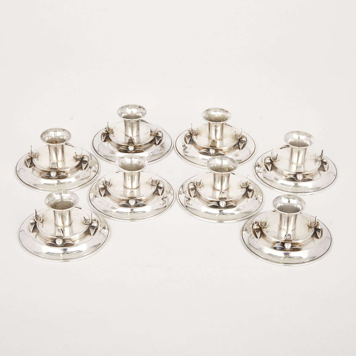 Set of Eight Canadian Silver Low Candlesticks, Carl Poul Petersen, Montreal, Que., mid-20th century