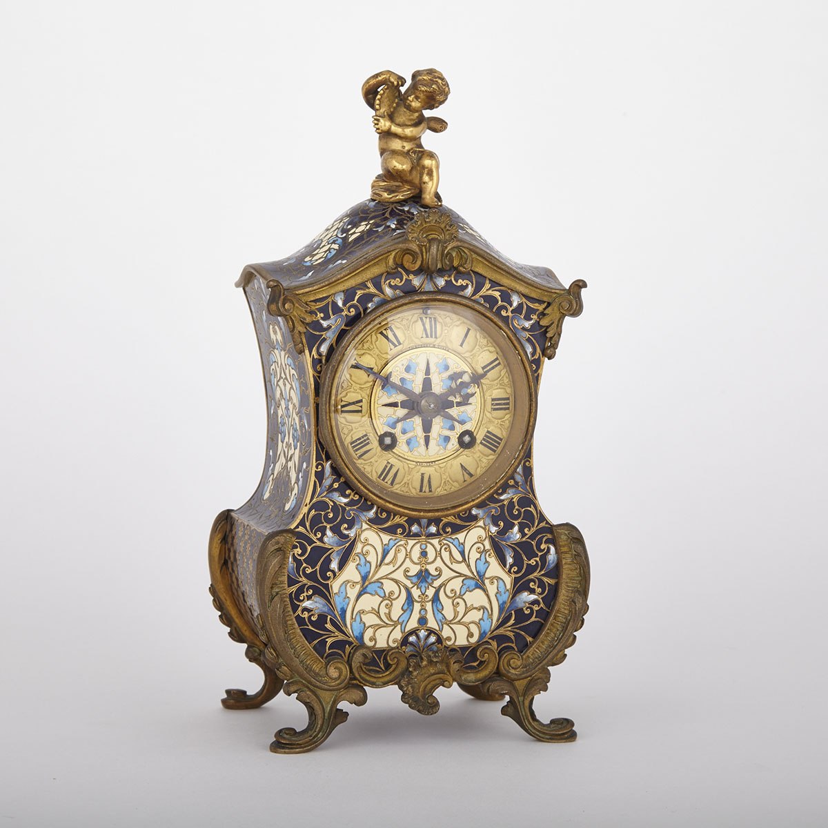 Small Louis XV Style Champlevé Enamelled and Engraved Gilt Bronze  Bracket Clock, c.1900