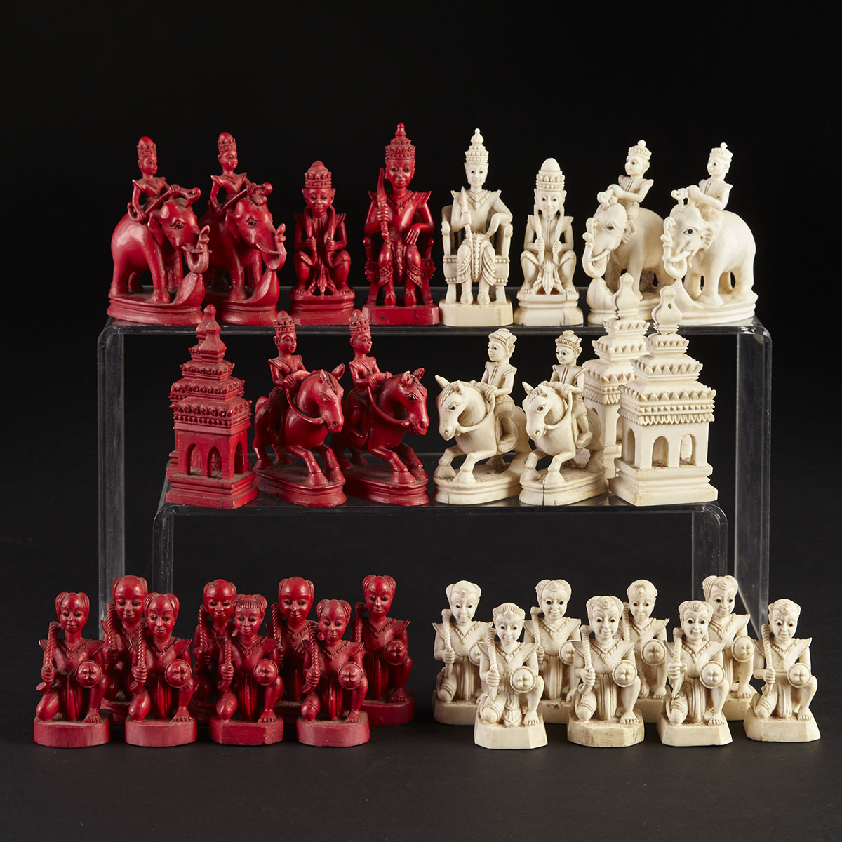 Thai Carved Bone and Ivory Figural Chess Set, 19th century