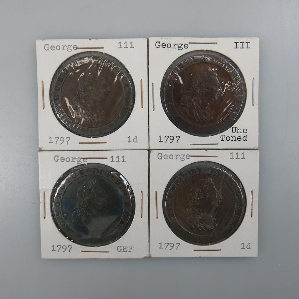 Four 1797 George III British “Cartwheel” Pennies