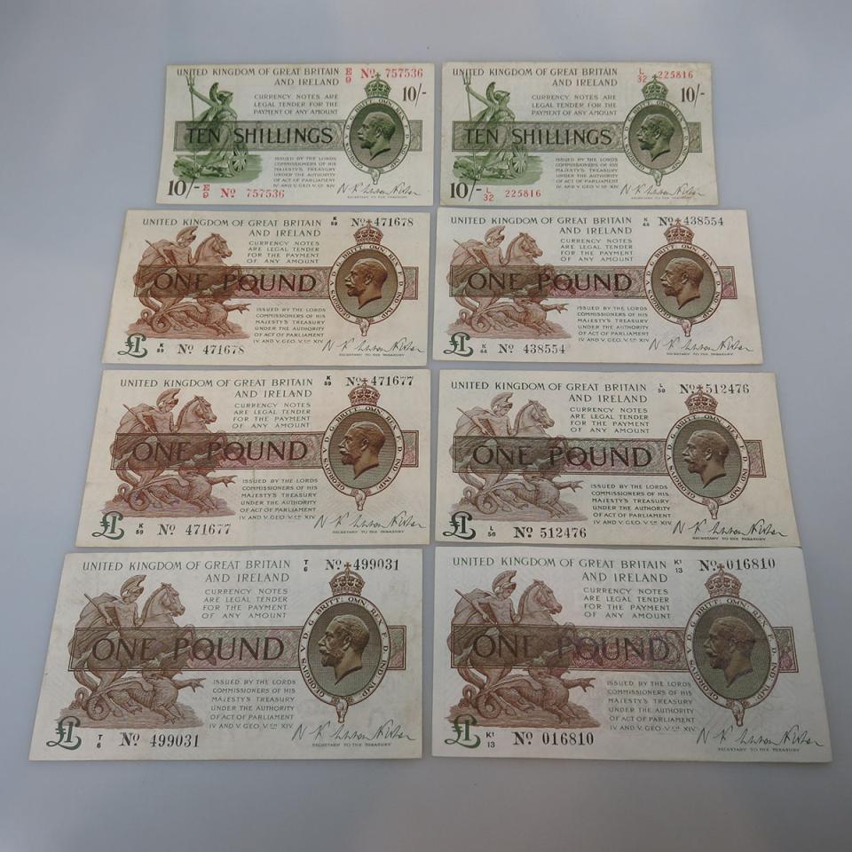 8 British Ten Shilling And One Pound Bank Notes
