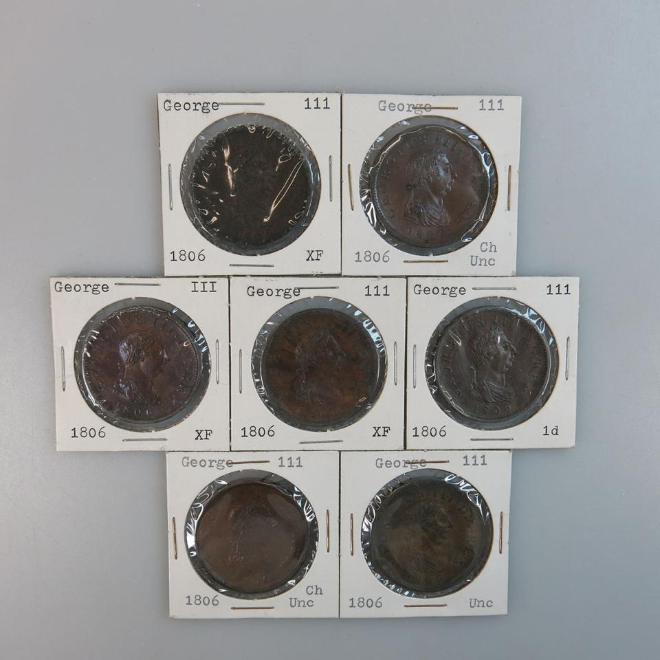 Seven 1806 George III British Pennies