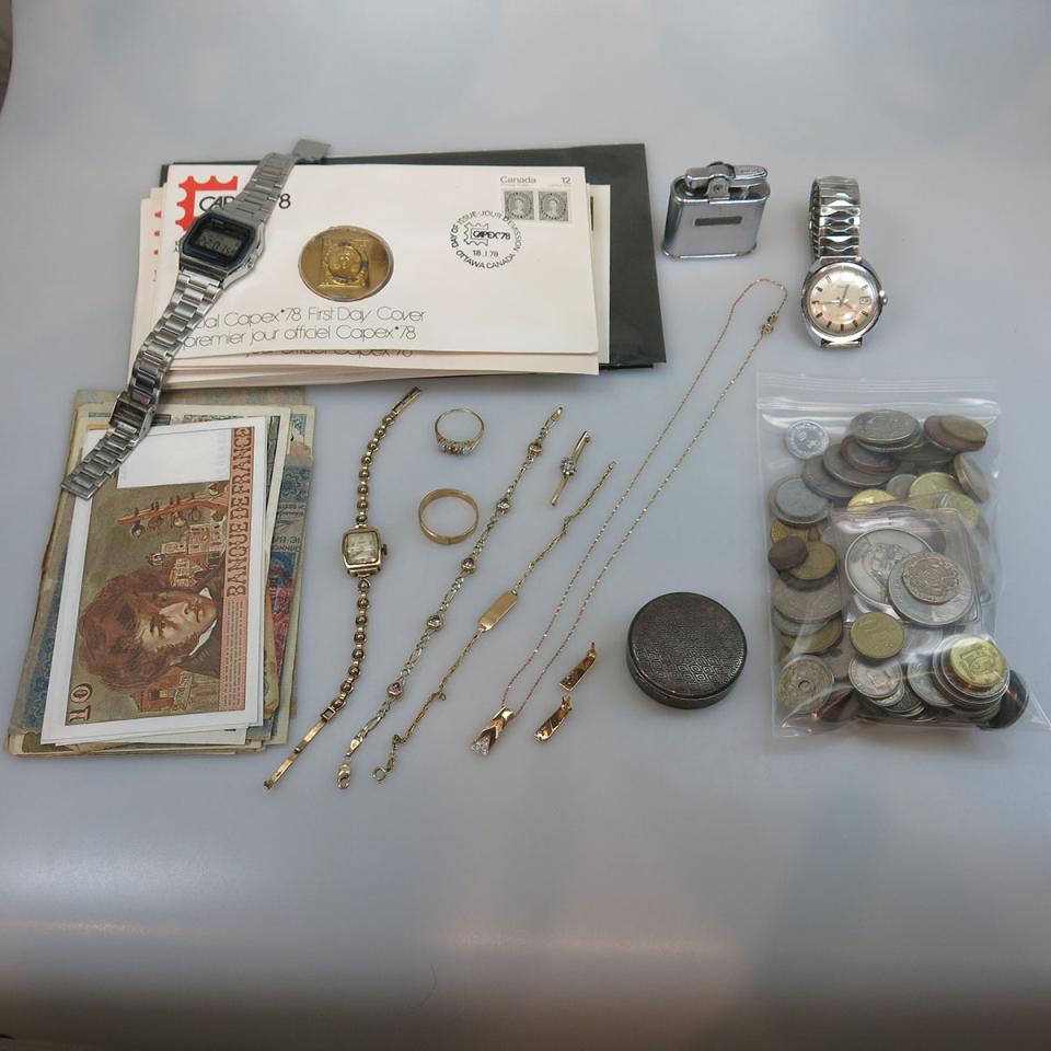 Small Quantity Of Jewellery, Coins, Bank Notes And Stamps