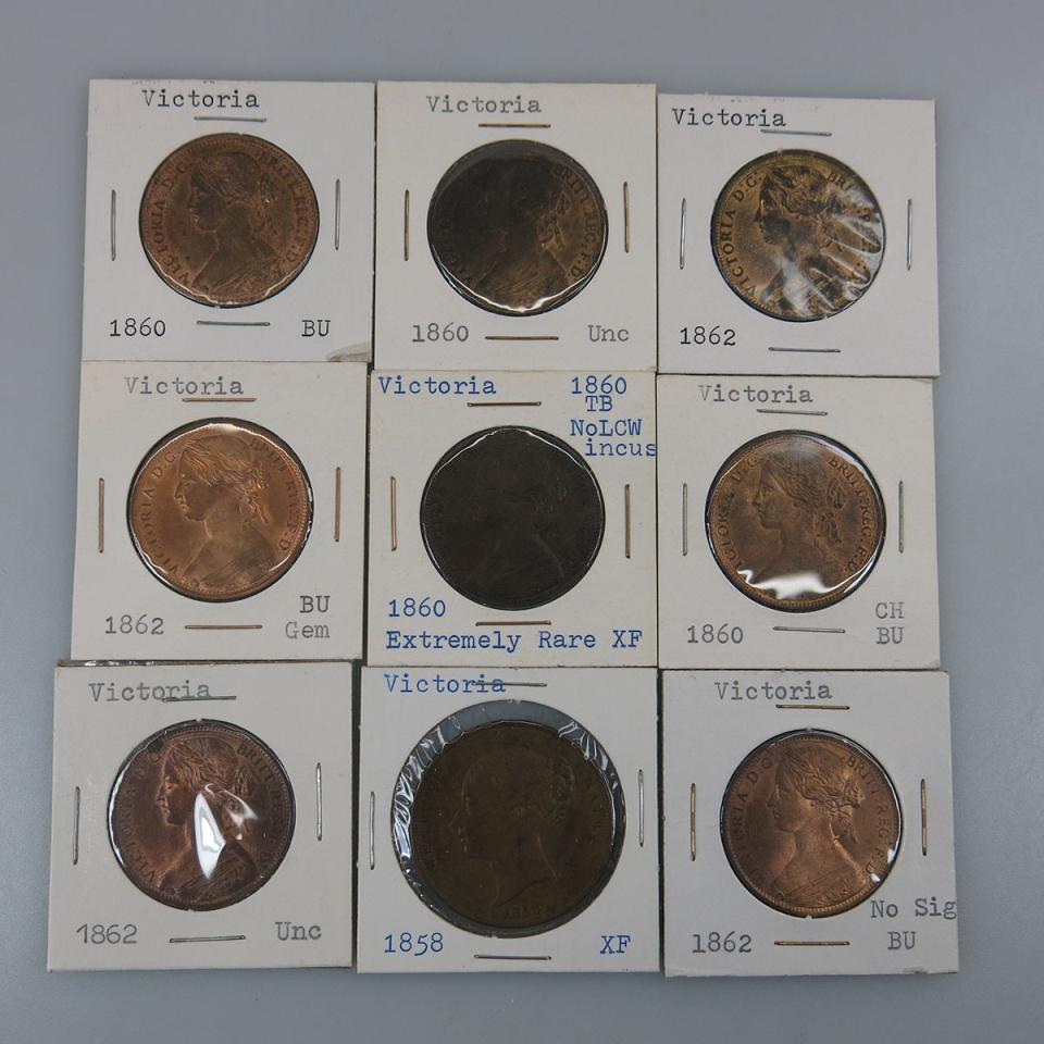 Nine Victorian British Pennies