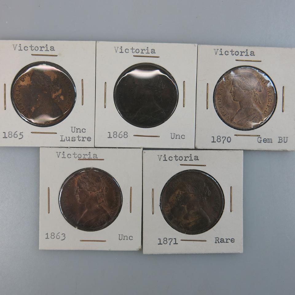 Five Victorian British Pennies