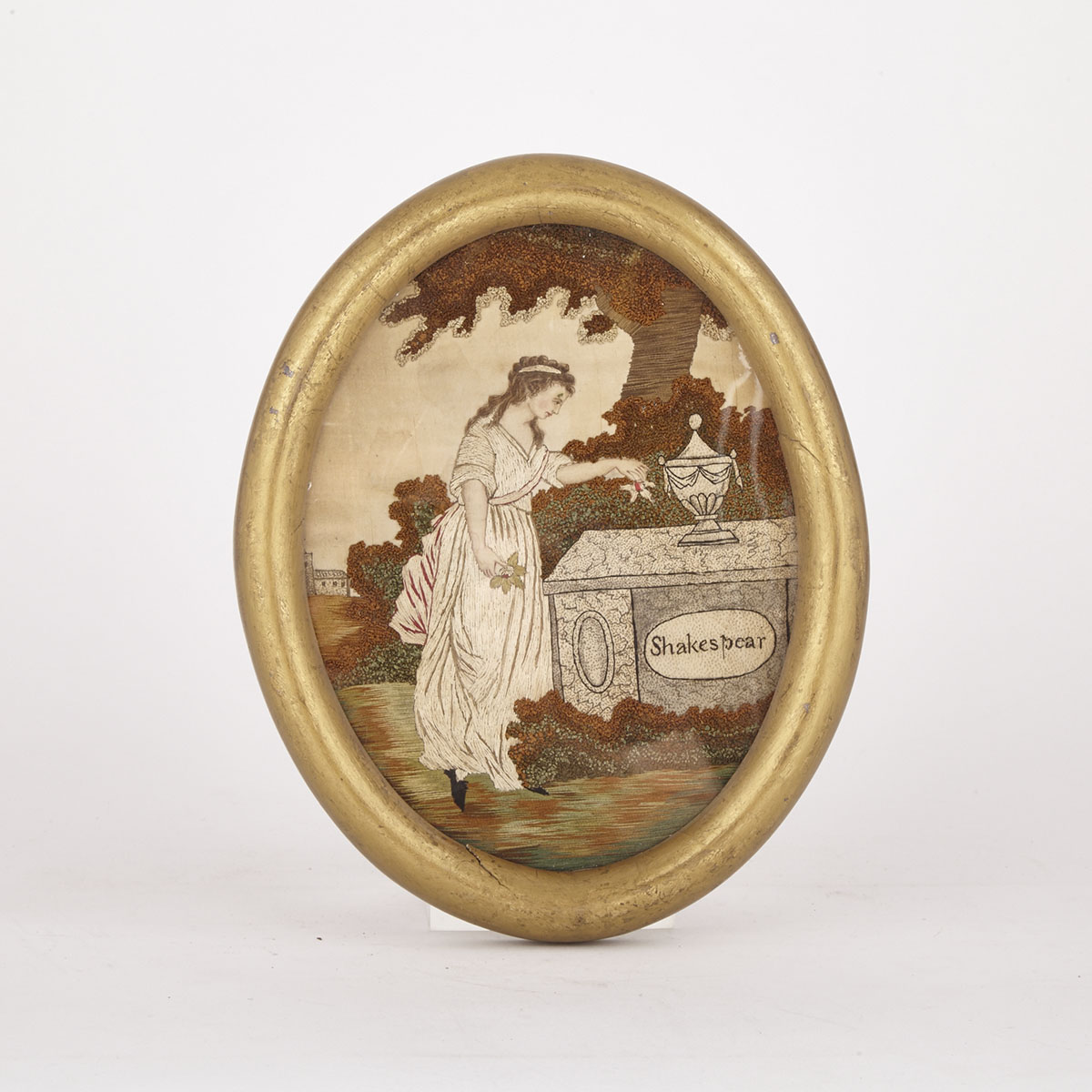 Georgian Oval Silk Needlework Picture of Fame Adoring Shakespeare’s Tomb, c.1800