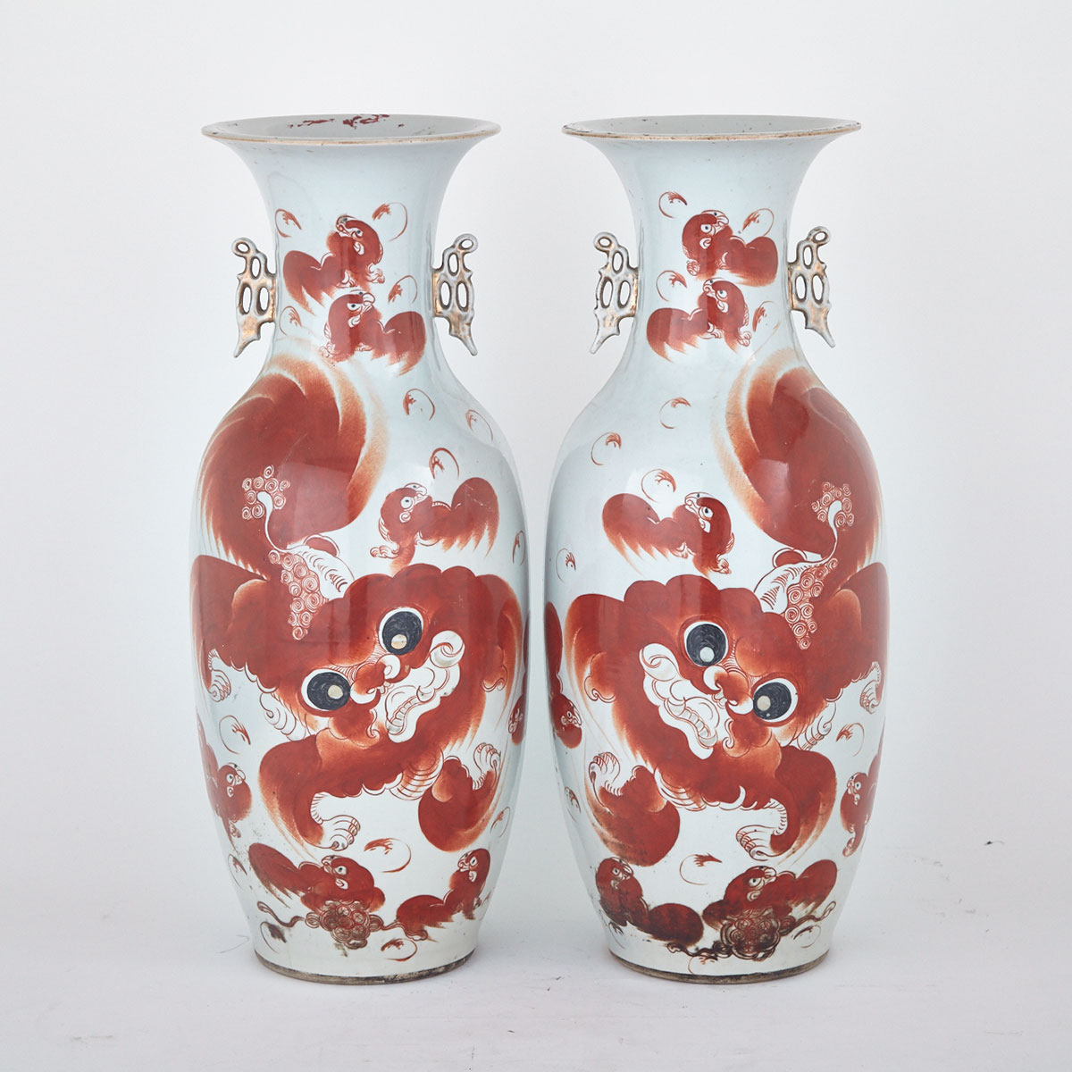 Pair of Large Iron Red Fu-Lion Vases, Republican Period