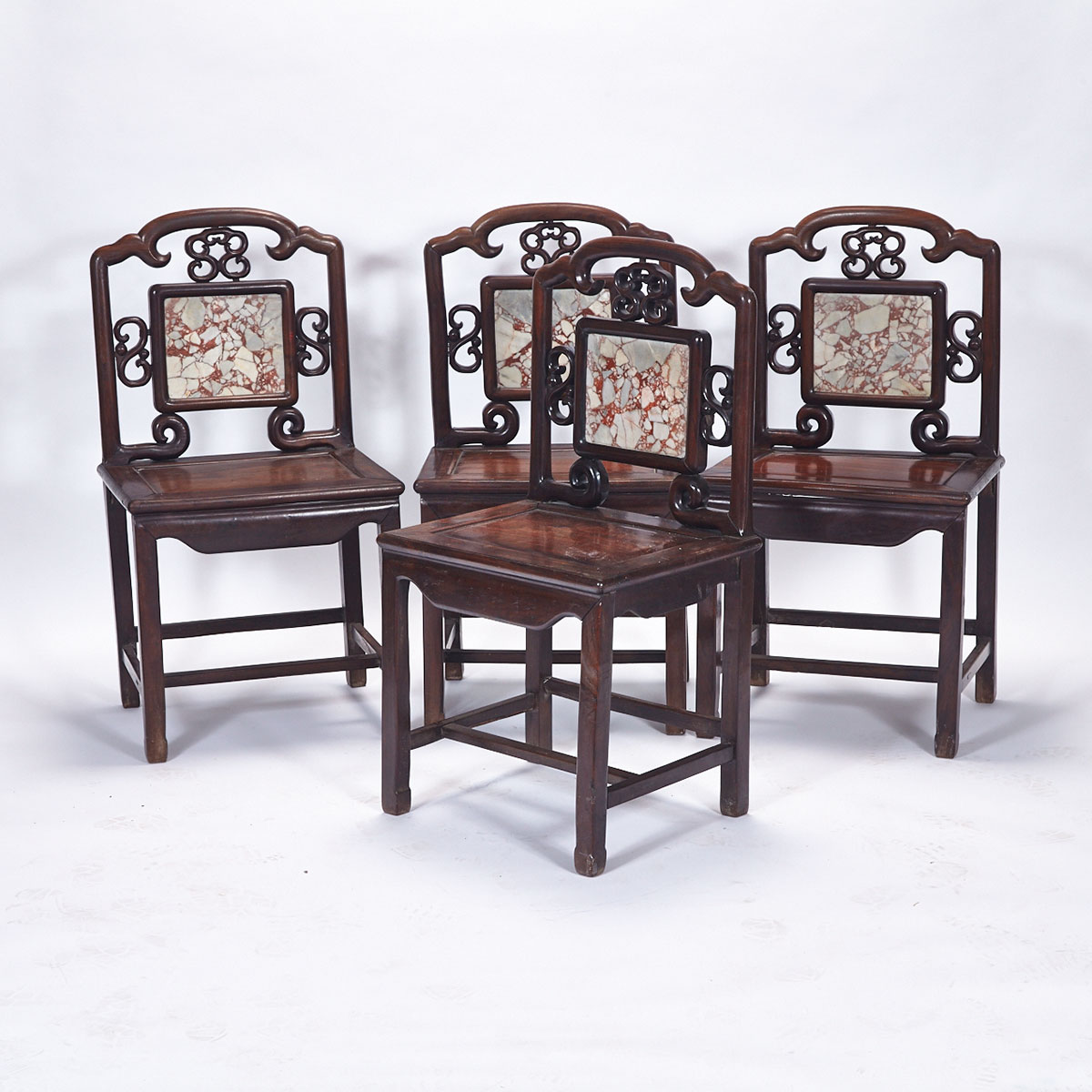 Four Rosewood and Marble Inlay Armchairs, Mid-20th Century