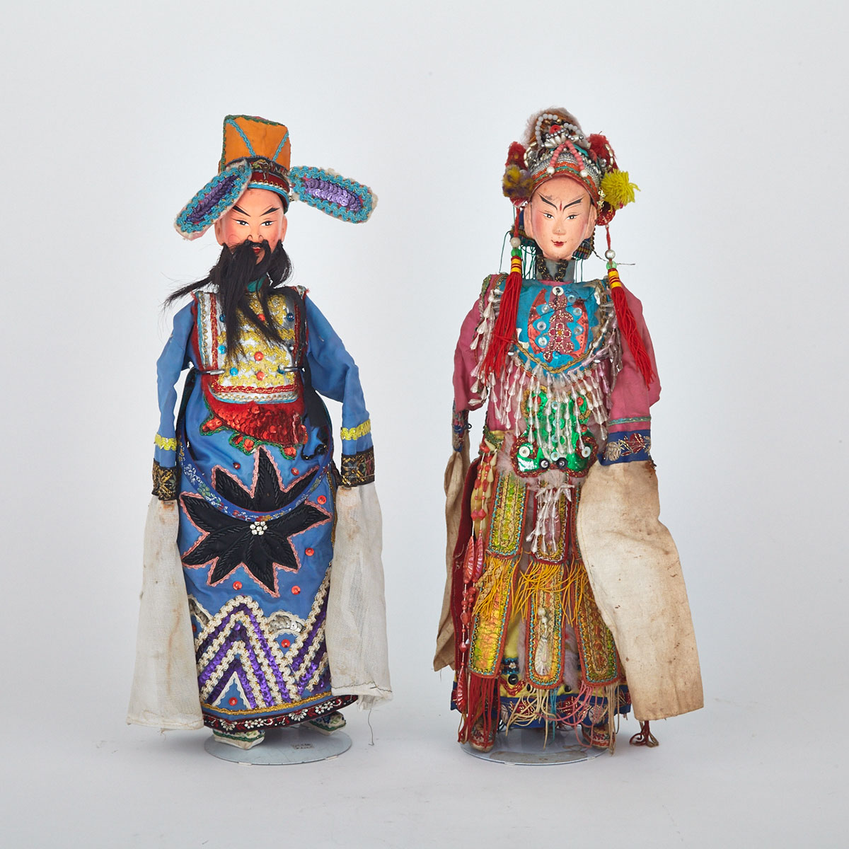 Pair of Wood and Silk Cloth Puppets, Early 20th Century