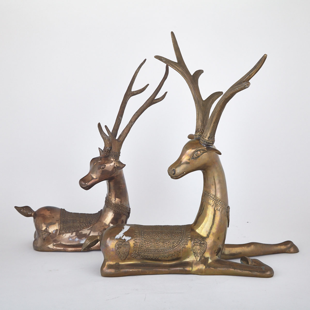 Pair of Large Bronze Recumbent Deers, Mid-20th Century