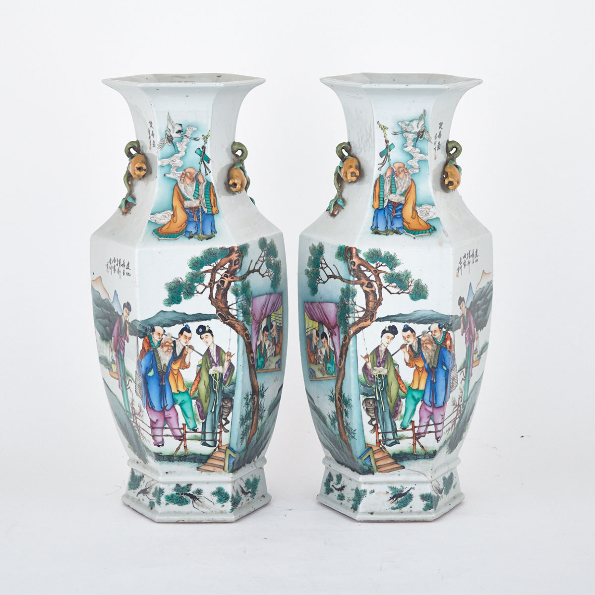 Pair of Large Famille Rose Hexagonal Figural Vases, Republican Period