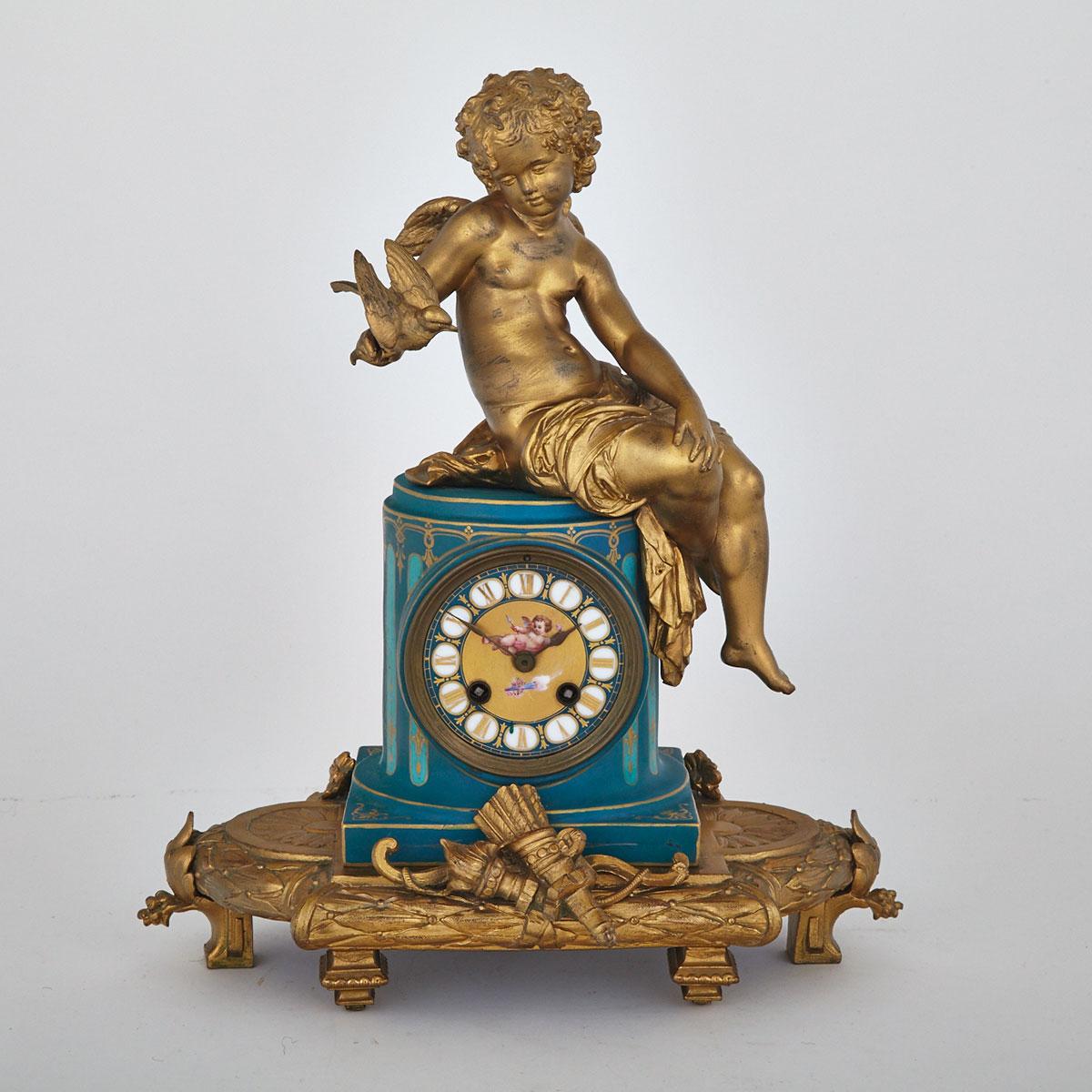 Louis XVI Style Porcelain Mounted Gilt Metal Mantle Clock, c.1900