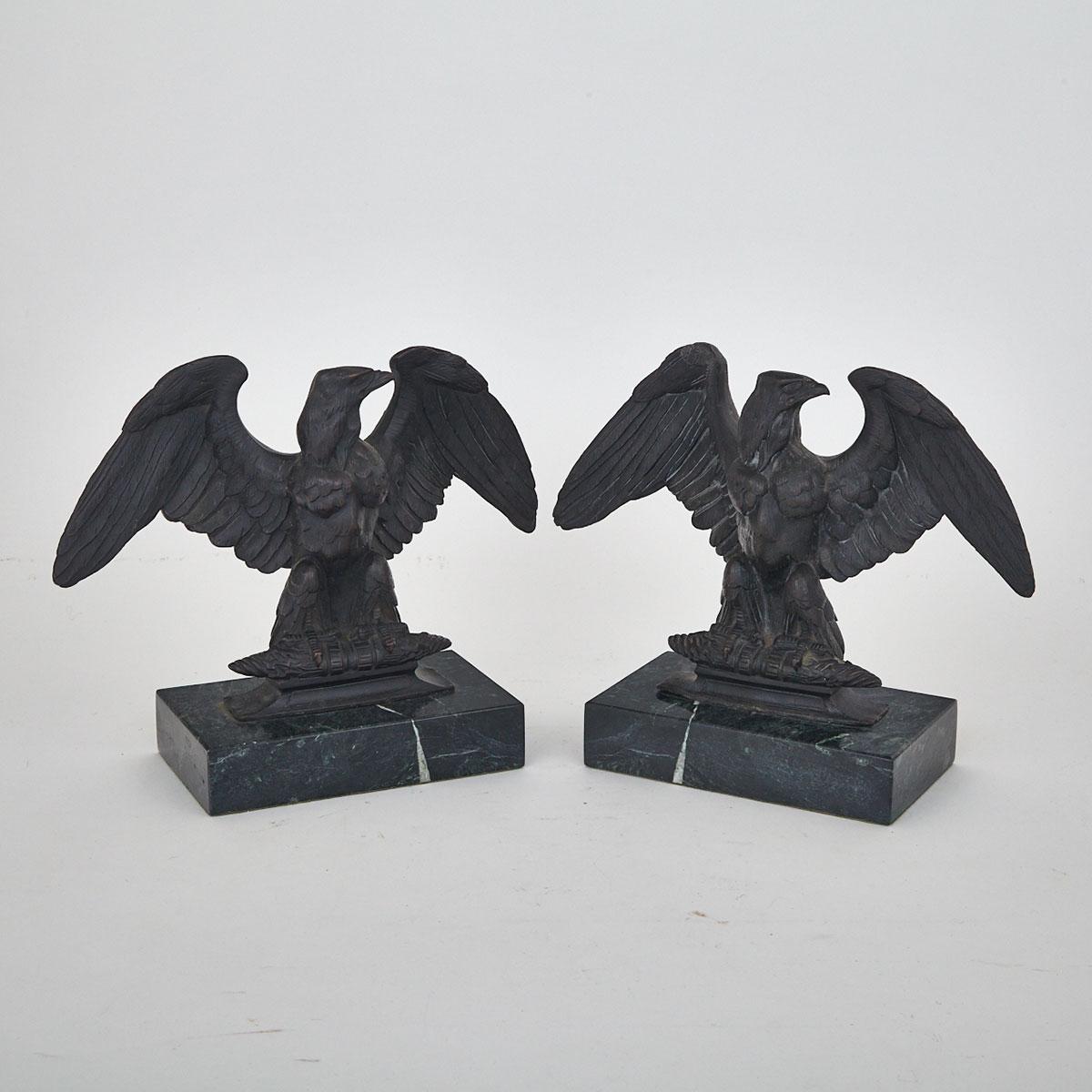 Pair of French Patinated Bronze Napoleonic Imperial Eagle Form Garnitures, mid 20th century