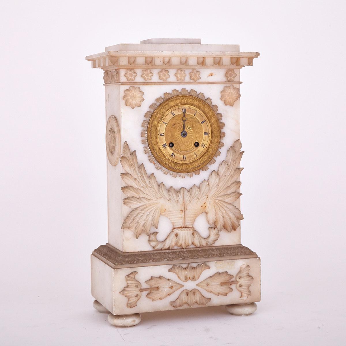 French Carved Alabaster Mantle Clock, mid 19th century