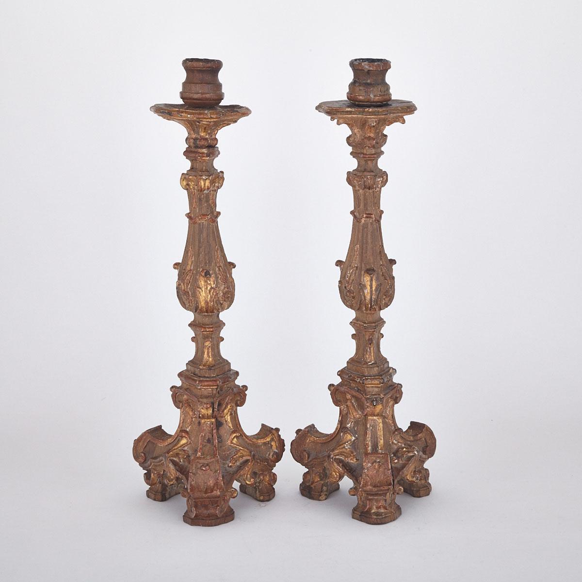 Pair of Louis XVI Carved and Parcel Gilt Prickets, 18th century