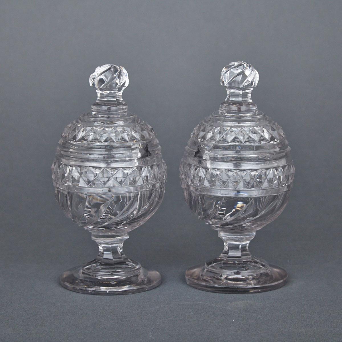Pair of Anglo-Irish Cut Glass Sweetmeat Jars with Covers, early 19th century