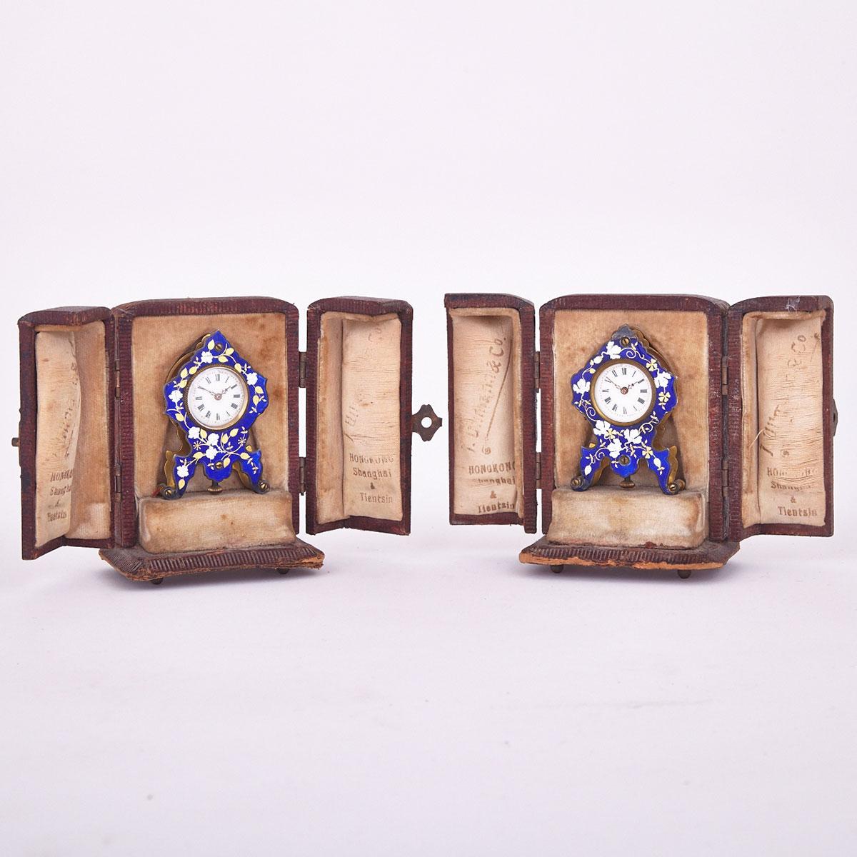 Pair of Swiss Enamelled Gilt Metal Miniature Bracket Clocks, 19th century