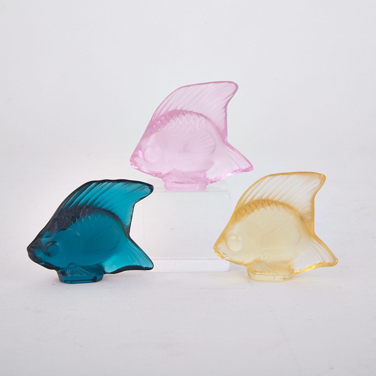 Three Lalique Coloured Glass Tropical Fish, post-1945