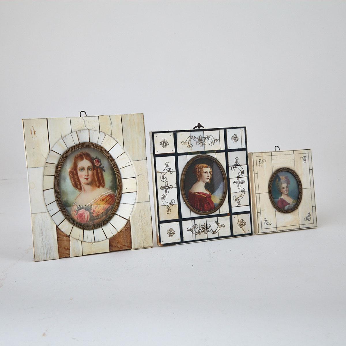 Three French School Portrait Miniatures on Ivory of Noble Women, 19th century