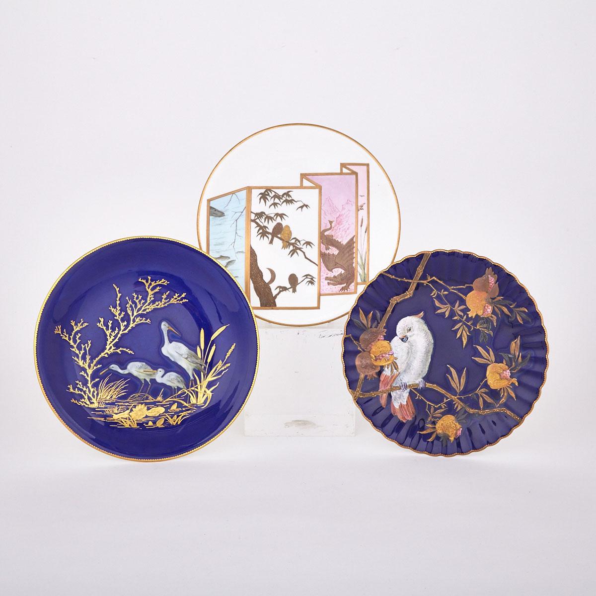 Two English Blue Ground Plates and a Worcester Plate in Japanese Motif, 1880s