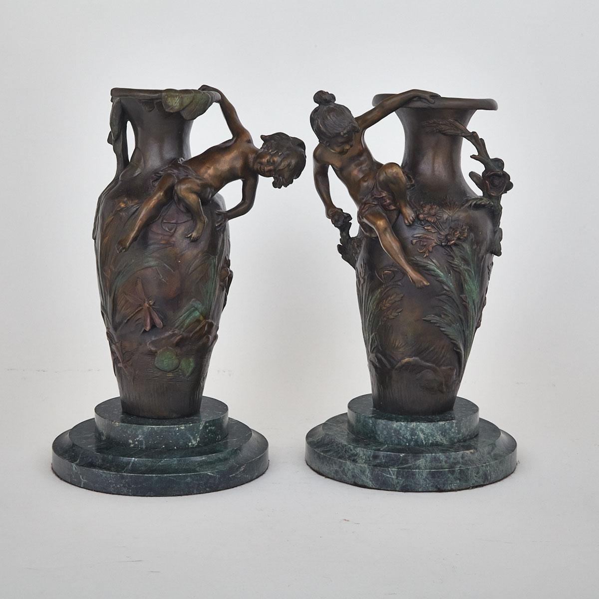 Pair of French Patinated Bronze Figural Vases after Auguste Moreau, 20th century