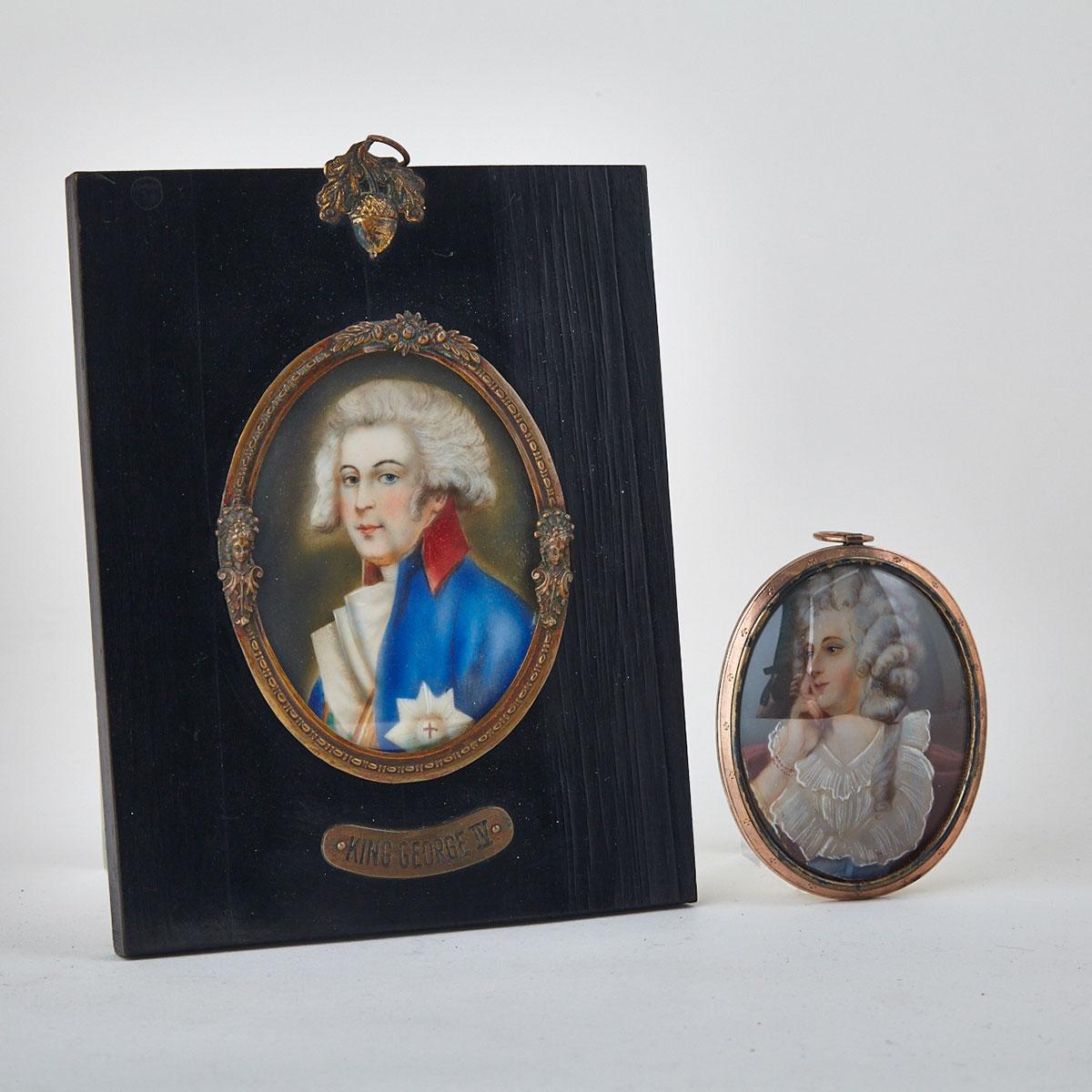 Two English School Portrait Miniatures on Ivory of King George IV and Maria Fitzherbert, 19th century