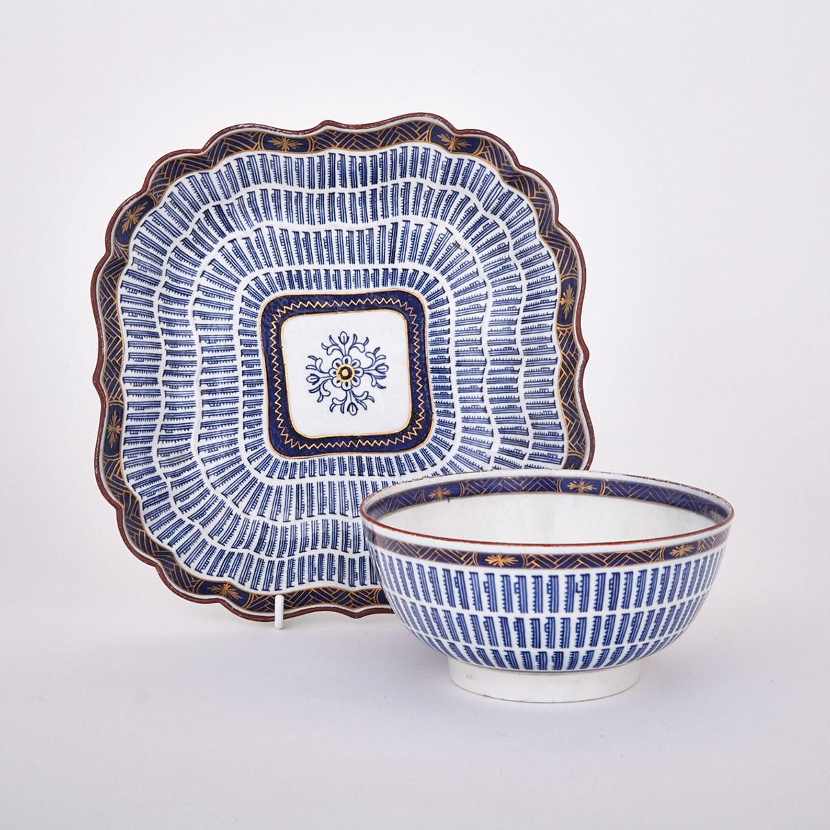 Worcester Music Pattern Bowl and a Shaped Square Dish, c.1785