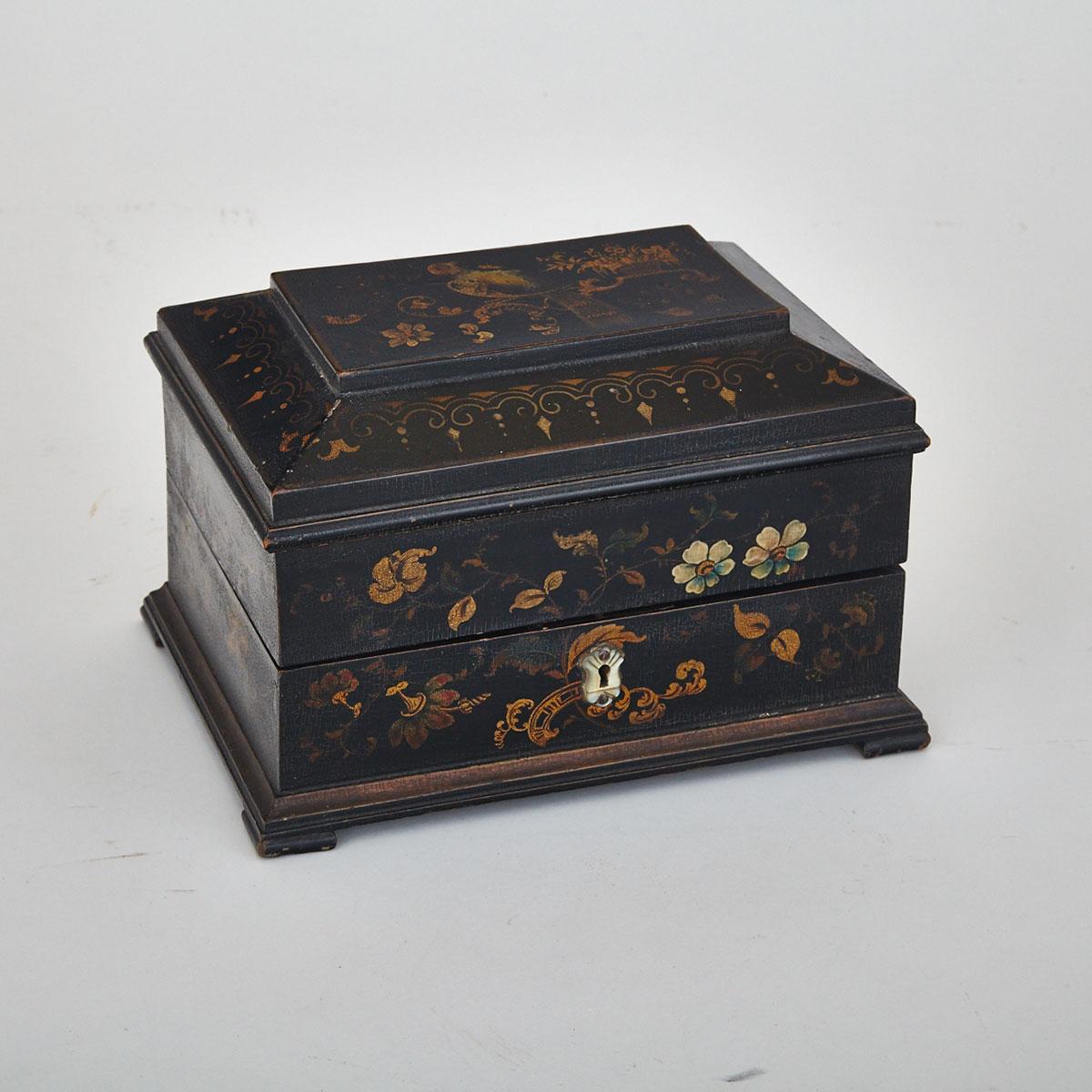 Paint Decorated Black Lacquered Tea Caddy, 19th century