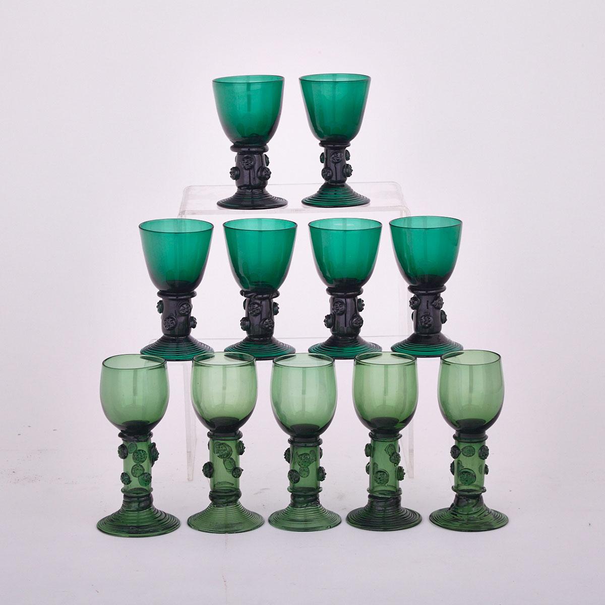 Eleven Various German Green Glass Roemers, 19th/20th century