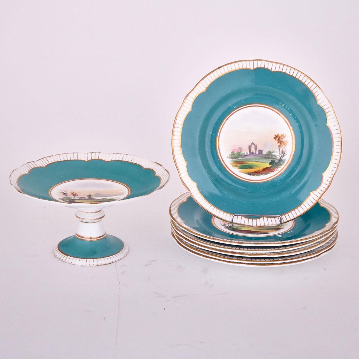 English Porcelain Turquoise Ground Part Dessert Service, late 19th century