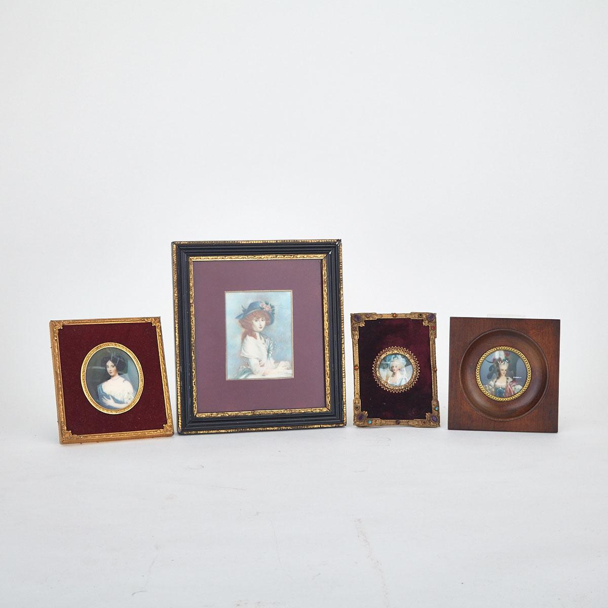 Group of Four Portrait Miniatures on Ivory of Gentlewomen, 19th century