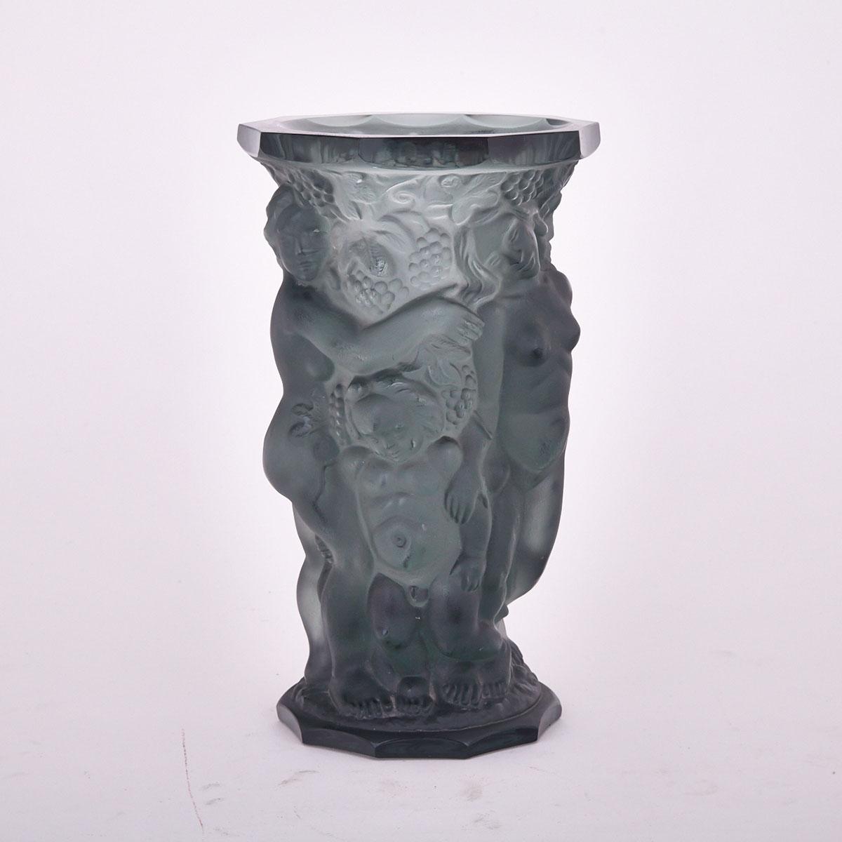 Bohemian Moulded and Frosted Grey-Green Glass Vase, 20th century