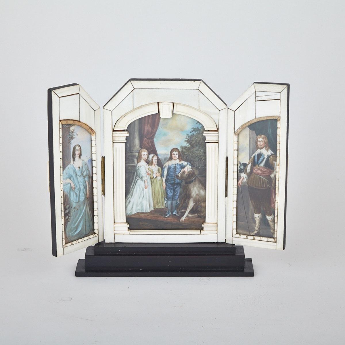 Ebony and Ivory Triptych Miniature of Charles I of England and Henrietta Maria of France with Children, 19th century