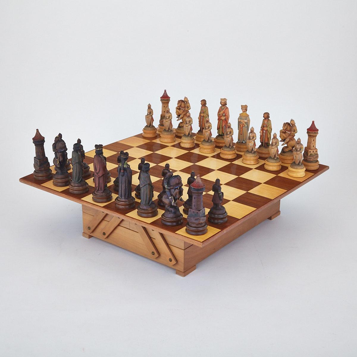 Italian Carved and Polychromed Wooden Renaissance Style Chess Set by Arni, mid 20th century