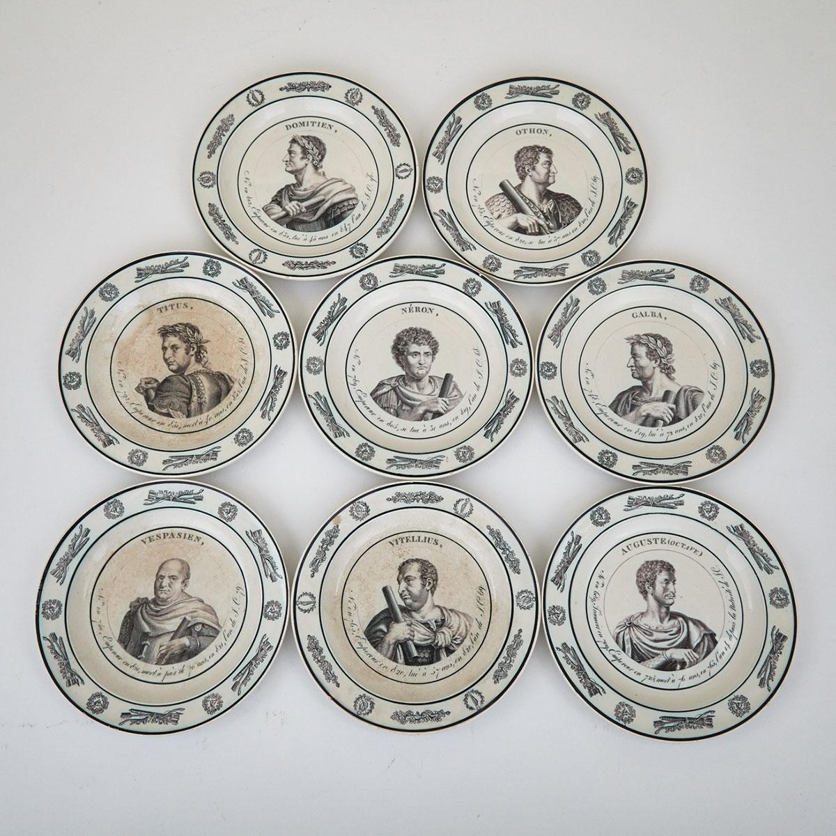 Group of Eight French Pearlware Plates Depicting Roman Emperors, 19th Century