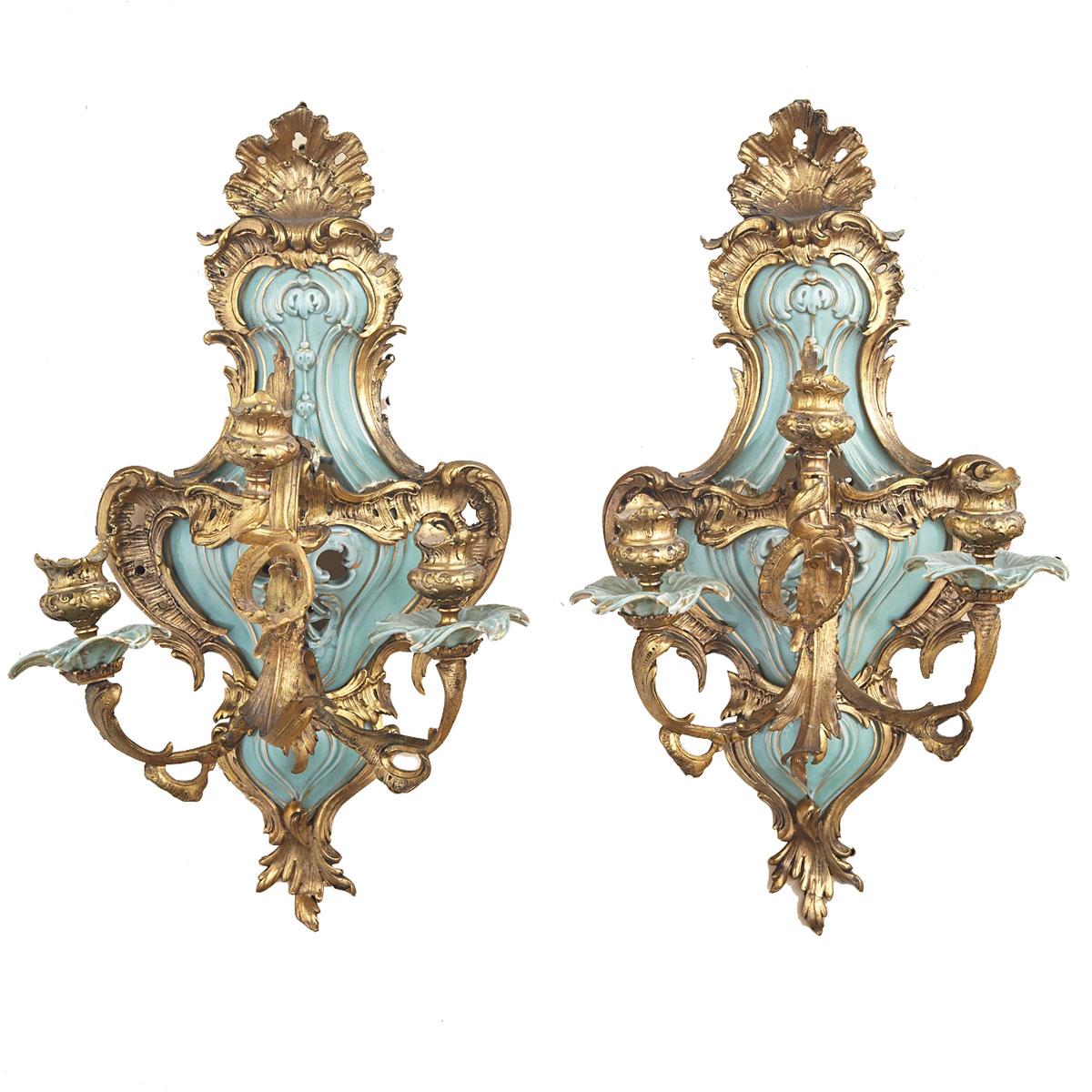 Pair of Berlin Porcelain Mounted Gilt Bronze Rococo Revival Three Light Wall Sconces, mid 20th century