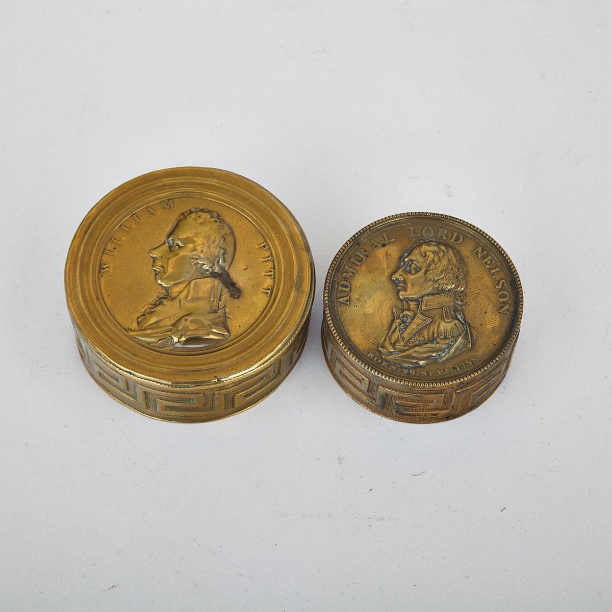 Two Pressed Brass Portrait ‘Medallion’ Top Snuff Boxes, early 19th century 